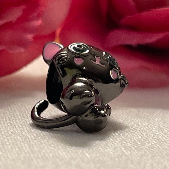 Charm for Pandora Bracelet Black Cat Holding a Rhinestone Heart Sterling Silver - Picture 3 of 13